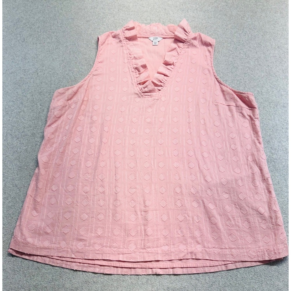 Crown & Ivy Sleeveless Blouse Womens XXL Pink Ruffle V-Neck Textured Dobby Dot